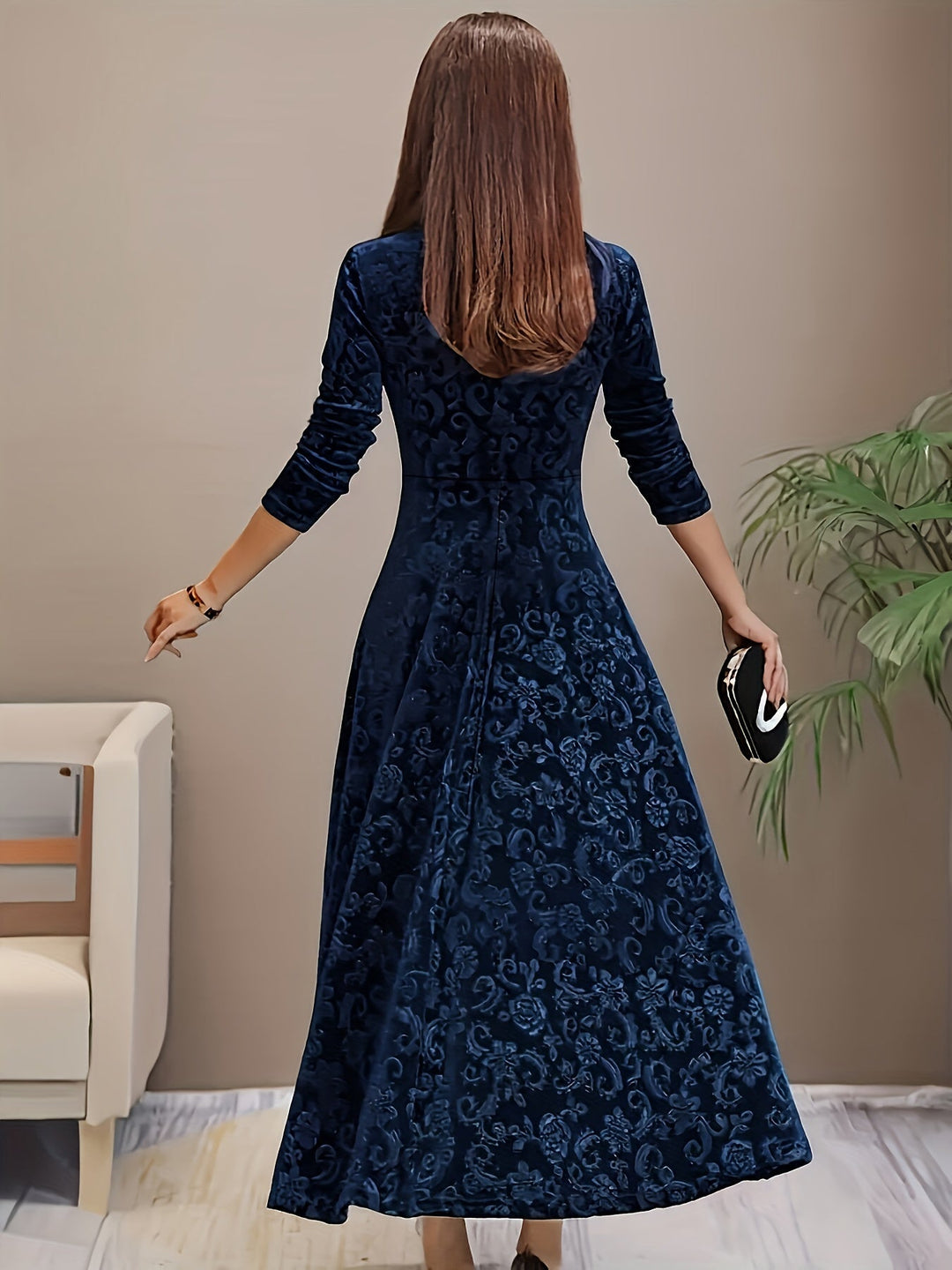 Damen Abendkleid Lang aus Samt mit Blumenmuster (8)