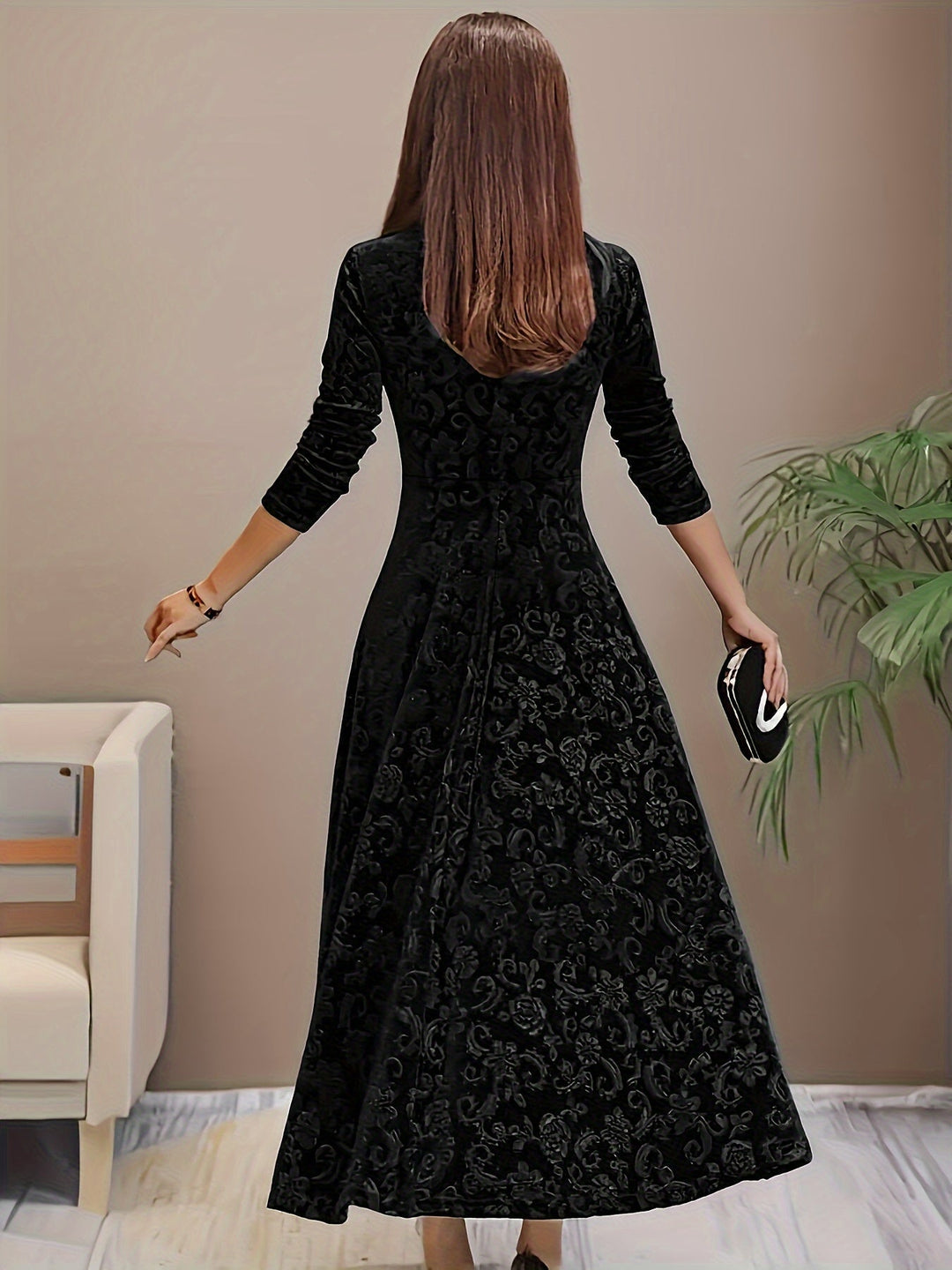 Damen Abendkleid Lang aus Samt mit Blumenmuster (9)