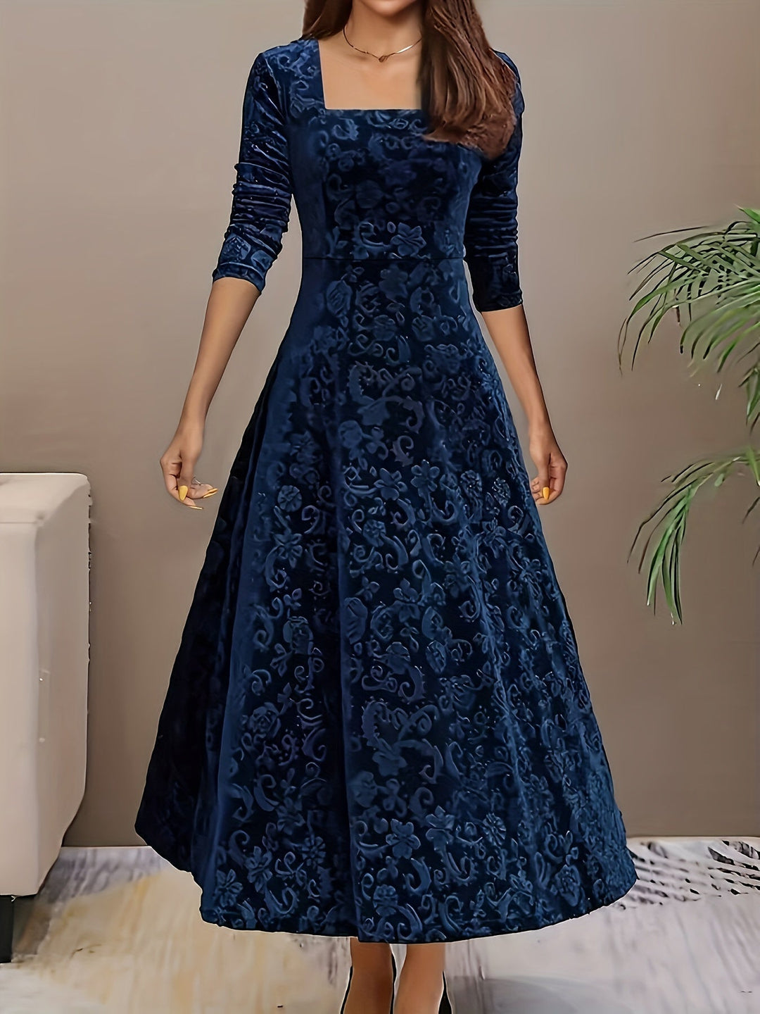 Damen Abendkleid Lang aus Samt mit Blumenmuster in Blau
