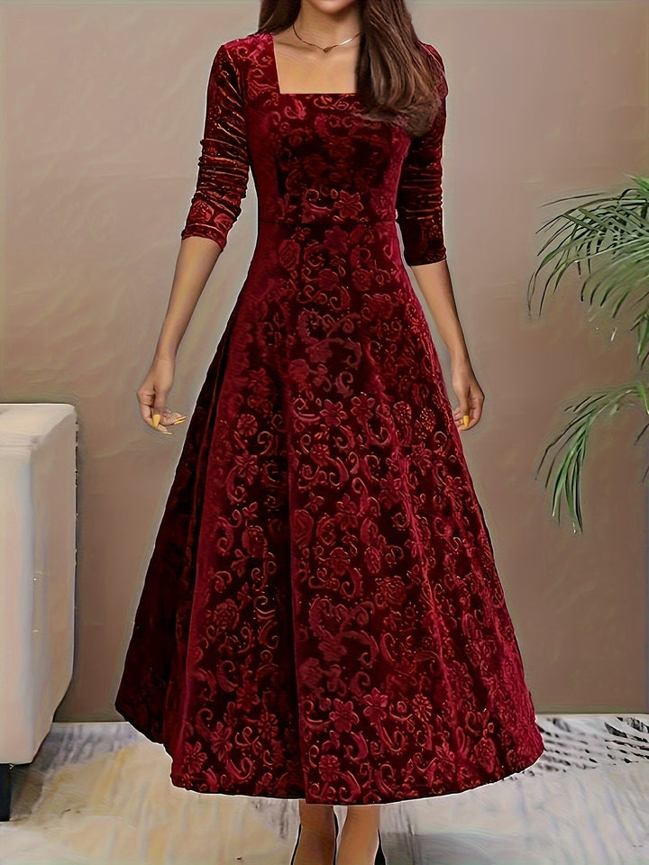 Damen Abendkleid Lang aus Samt mit Blumenmuster in Dunkelrot
