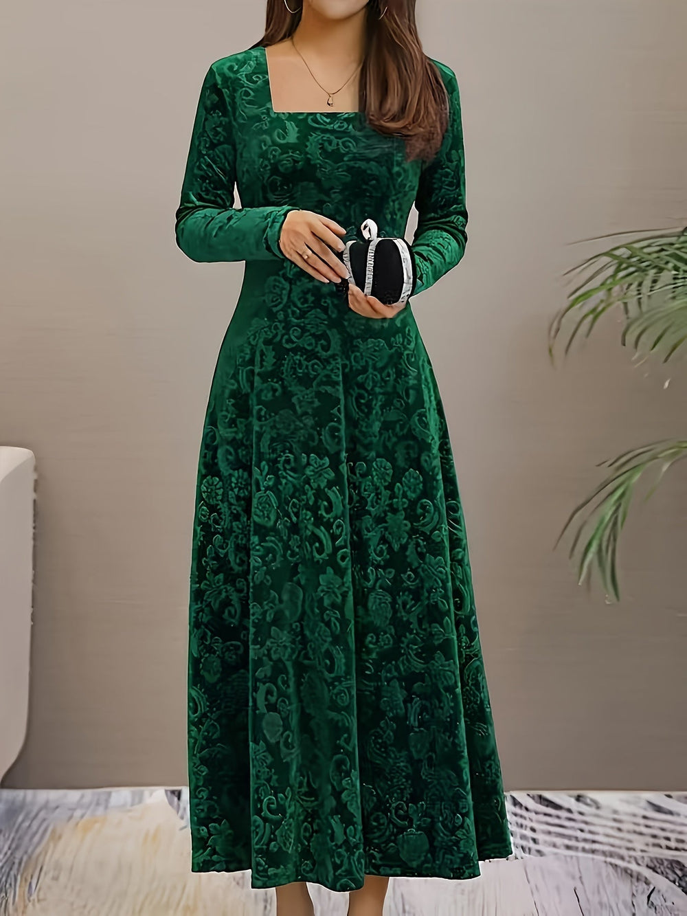 Damen Abendkleid Lang aus Samt mit Blumenmuster in Grün