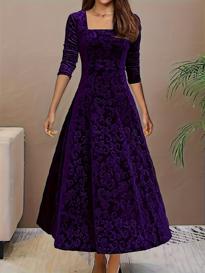 Damen Abendkleid Lang aus Samt mit Blumenmuster in Lila