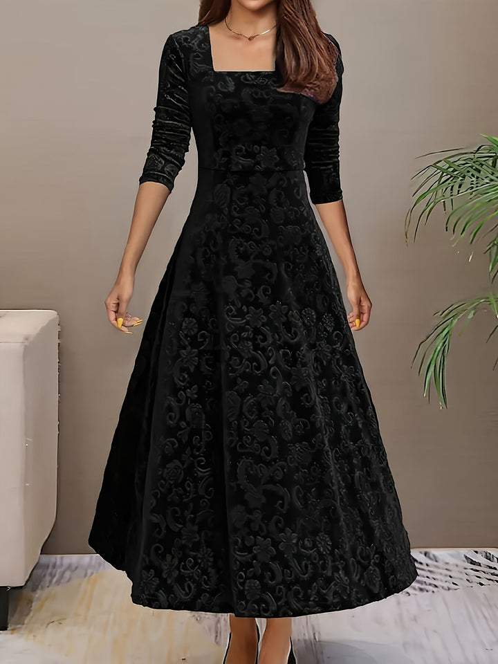 Damen Abendkleid Lang aus Samt mit Blumenmuster in Schwarz