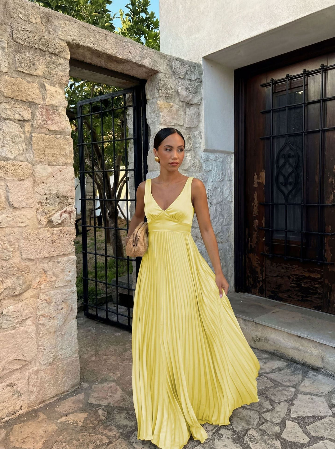 Damen Abendkleid lang mit Plissees in Gelb