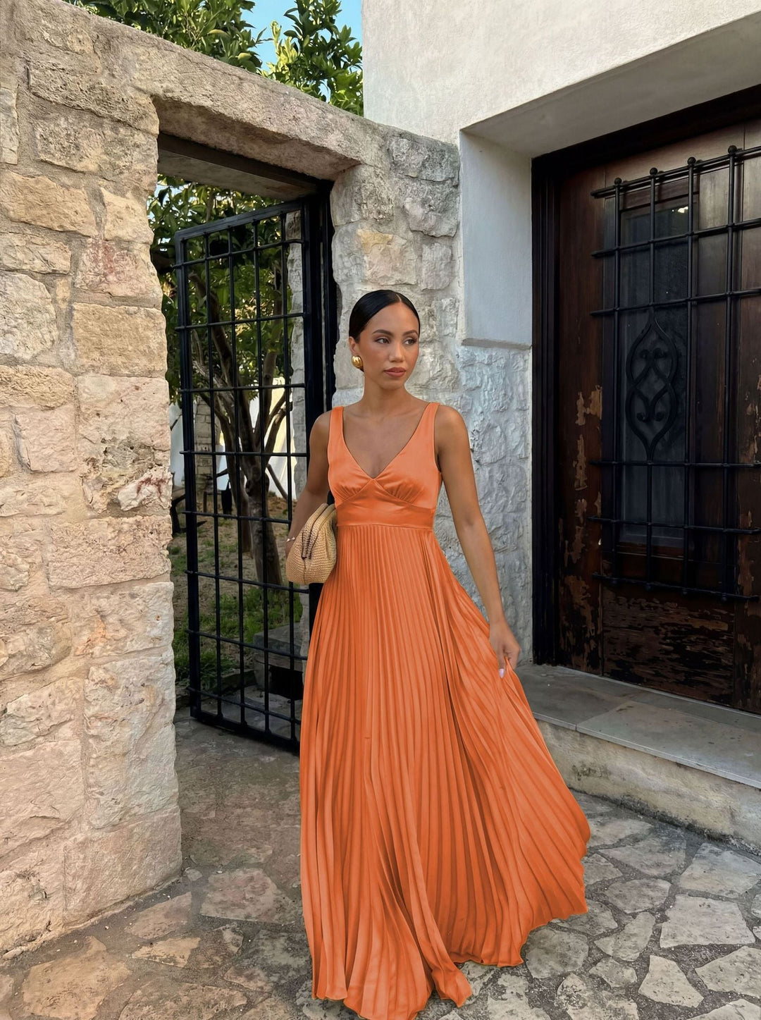 Damen Abendkleid lang mit Plissees in Orange-Red