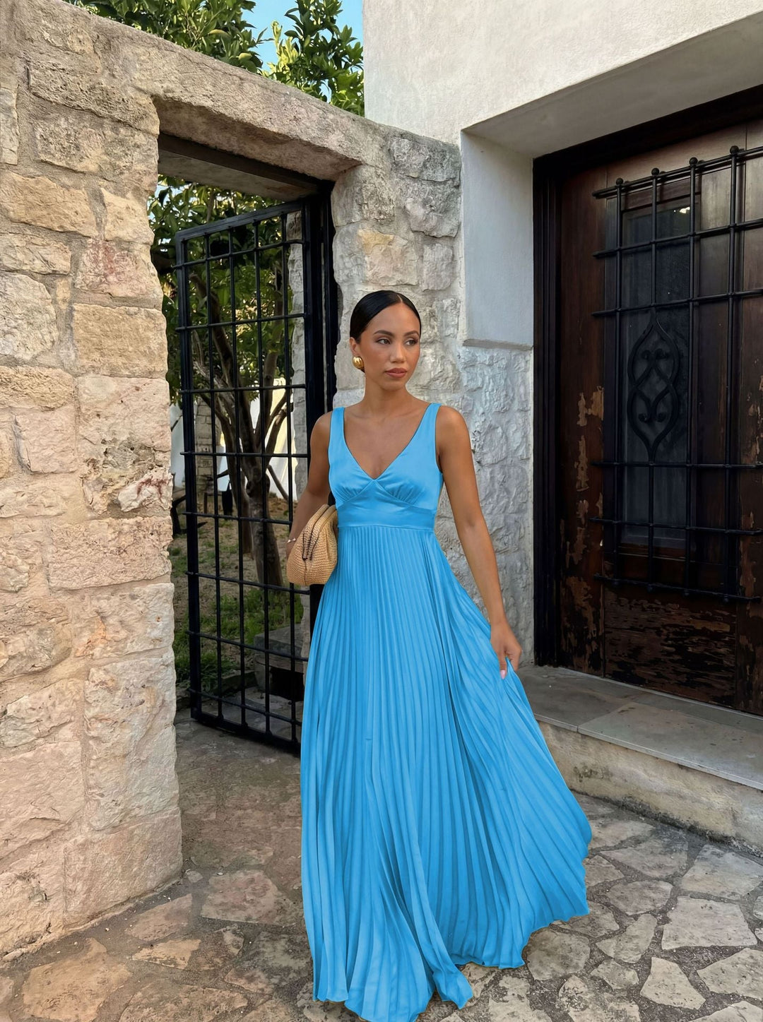 Damen Abendkleid lang mit Plissees in Petrol