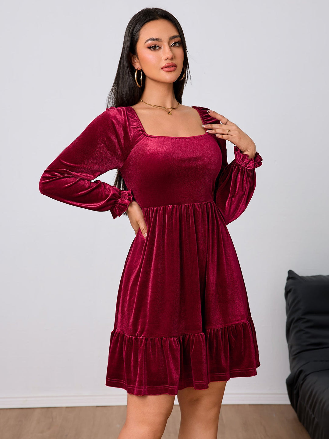 Damen Abendkleid Minilänge Samt für festliche Anlässe in Weinrot