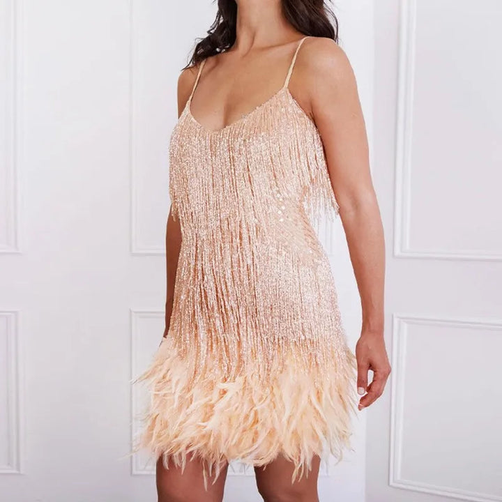 Damen Abendkleid mit Glitzer für festliche Anlässe in Beige