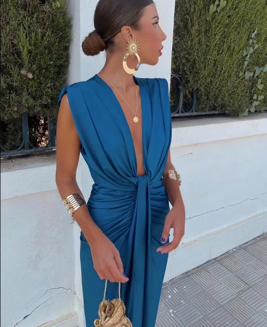 Damen Abendkleid mit V-Ausschnitt und Schlitz in Blau