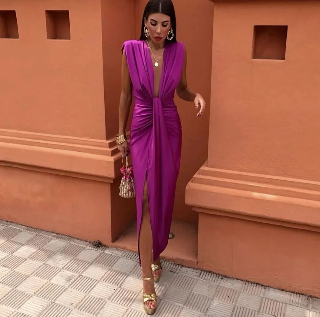 Damen Abendkleid mit V-Ausschnitt und Schlitz in Rosa