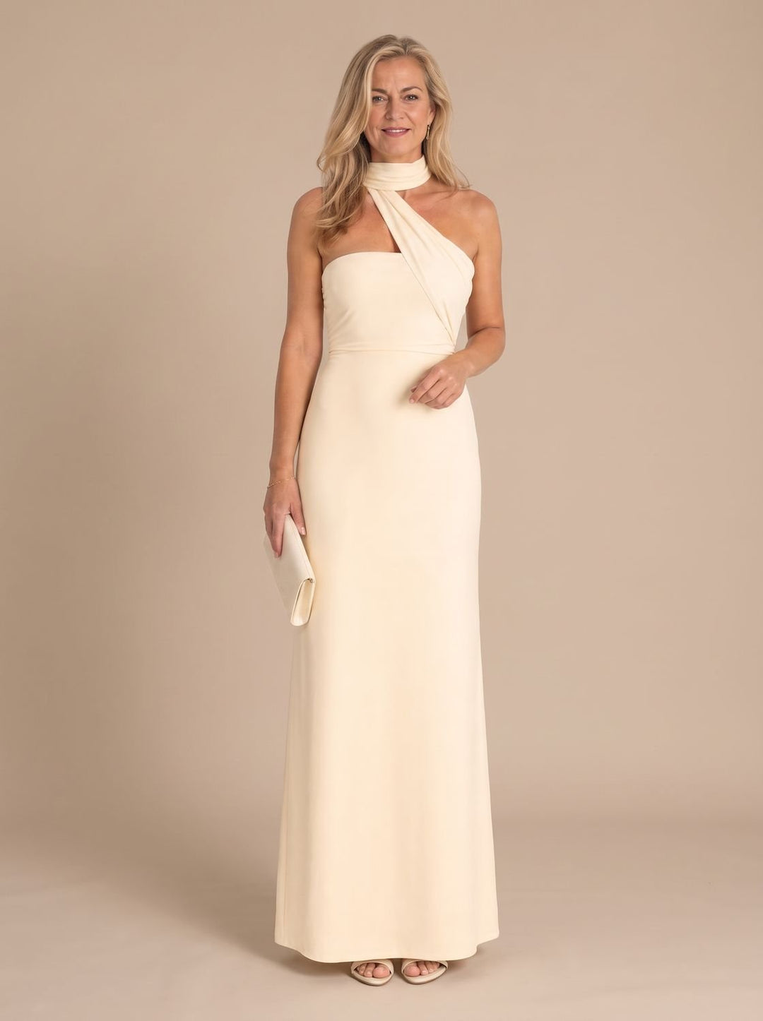 Damen Abendkleid Neckholder Maxi für Hochzeiten in Beige
