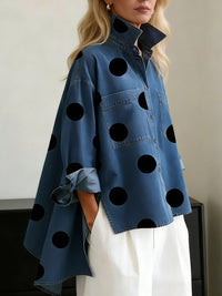 Marie | Damen Bluse Denim Oversized mit Polka-Dots