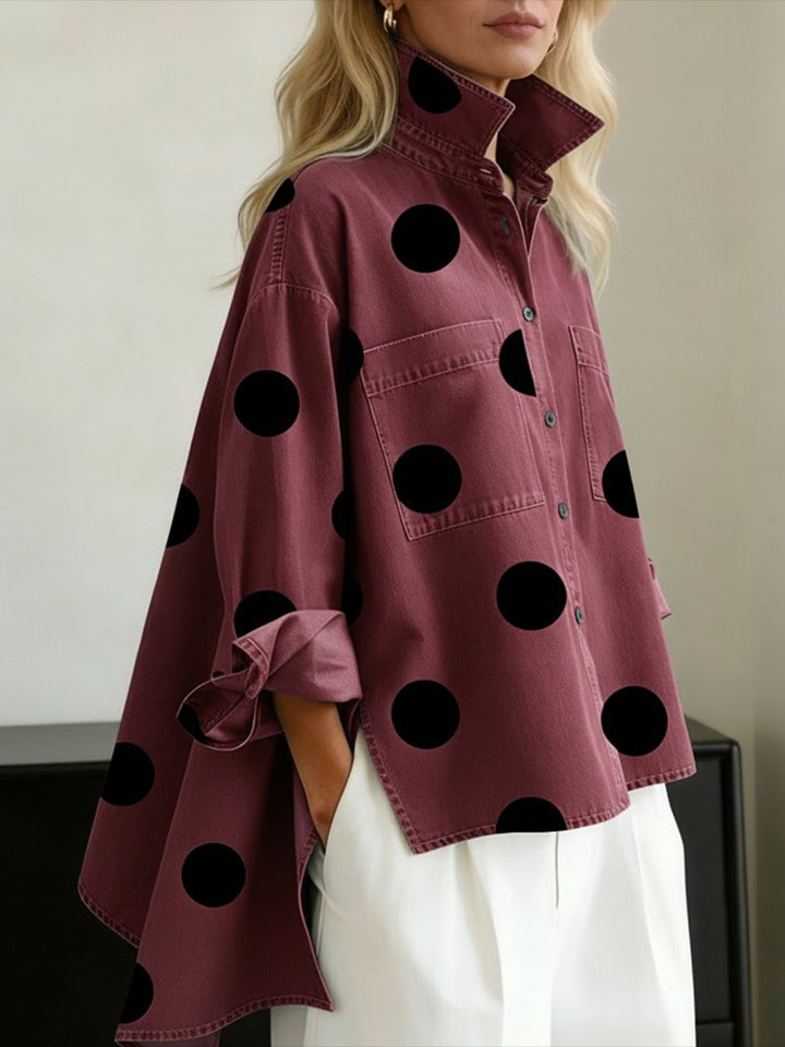 Damen Bluse Denim Oversized mit Polka-Dots in Rot