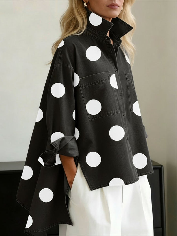 Damen Bluse Denim Oversized mit Polka-Dots in Schwarz