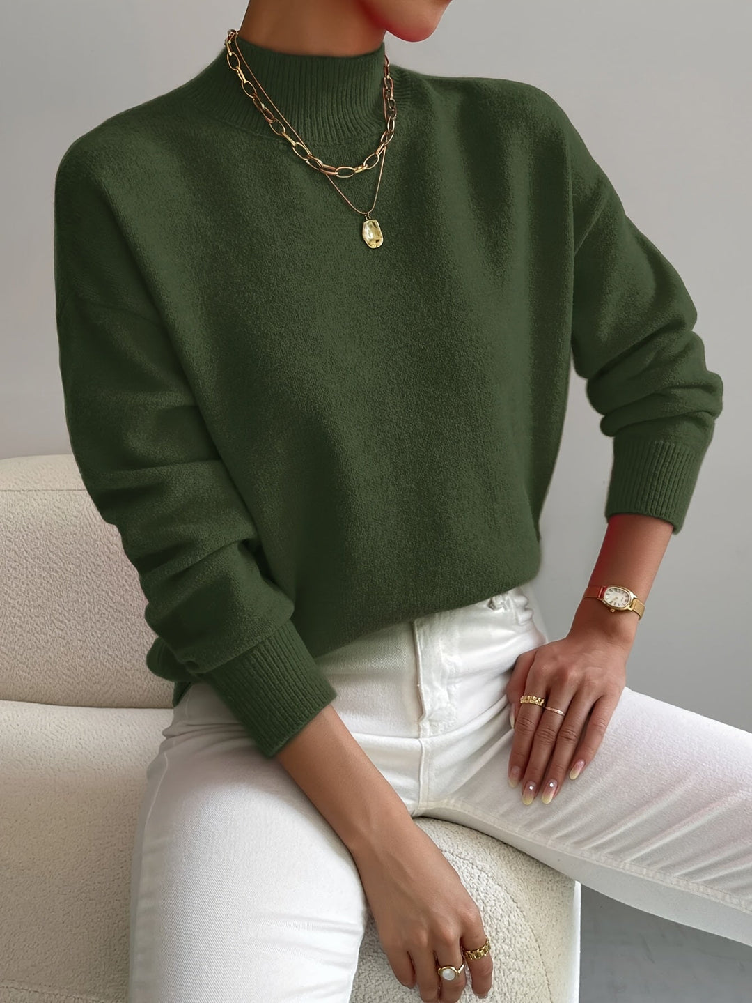 Damen Casual Strickpullover mit Rollkragen in Grün