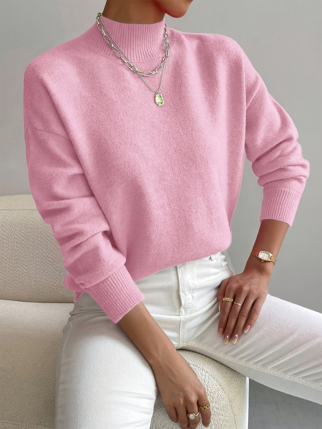 Damen Casual Strickpullover mit Rollkragen in Hellrosa