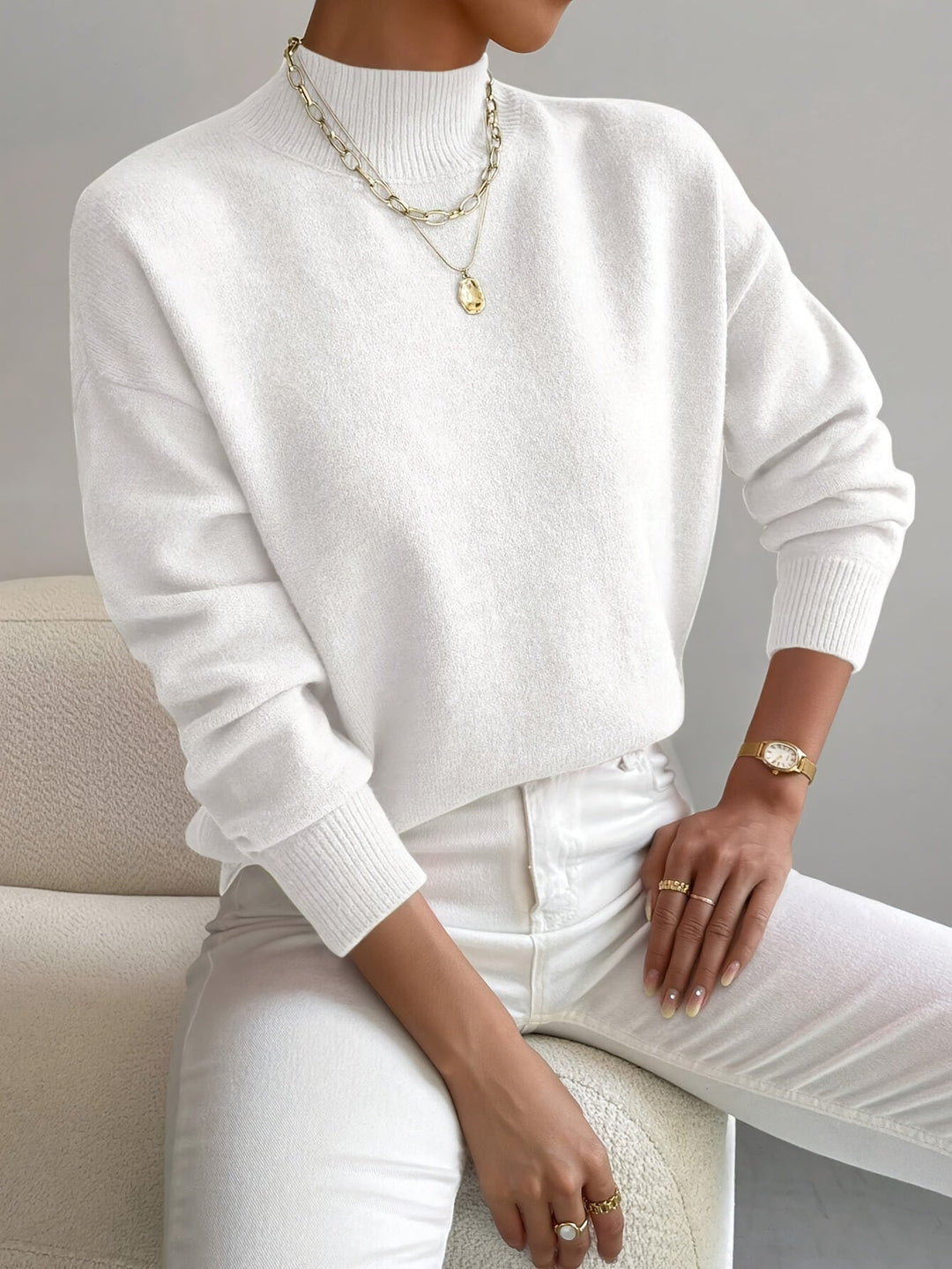 Damen Casual Strickpullover mit Rollkragen in Weiß