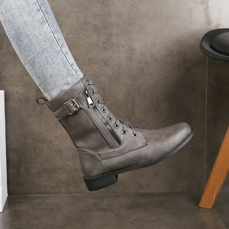 Damen Elegante Lederstiefeletten zum Schnüren in Grau