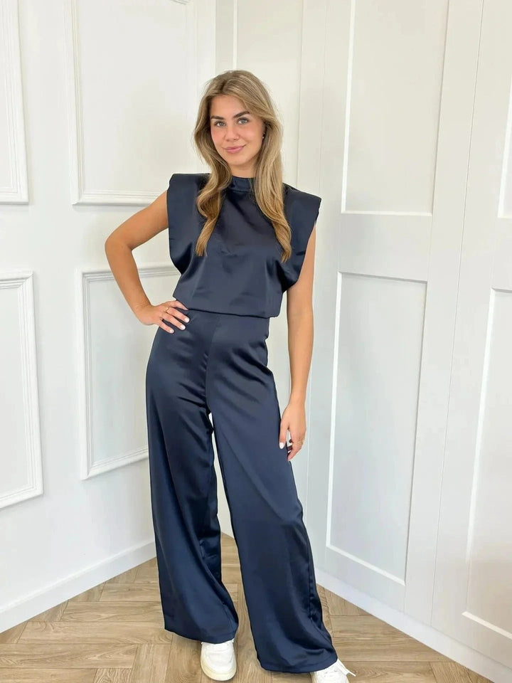 Damen Eleganter Satin-Jumpsuit mit Weiten Hosen in Marineblau