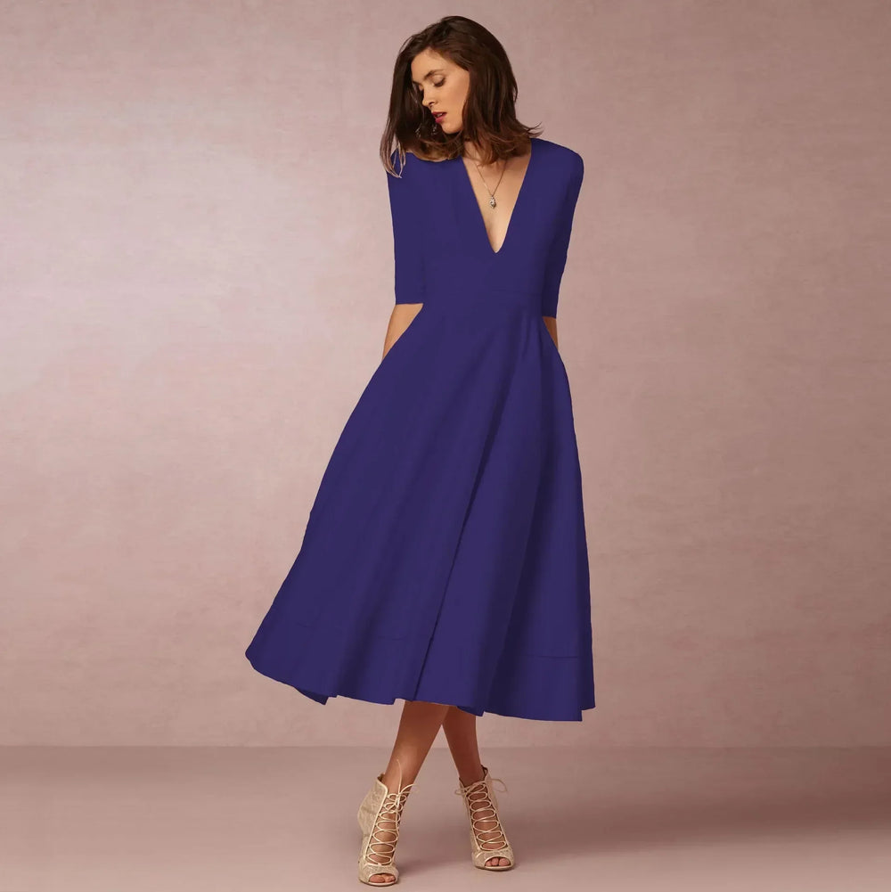 Damen Elegantes Fließendes Midi Kleid en Azul marino