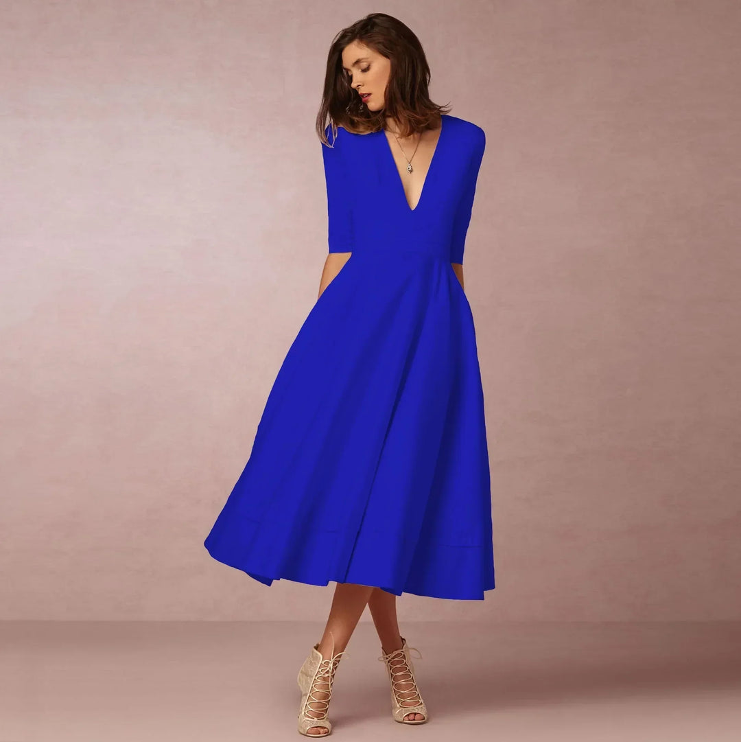 Damen Elegantes Fließendes Midi Kleid en Azul