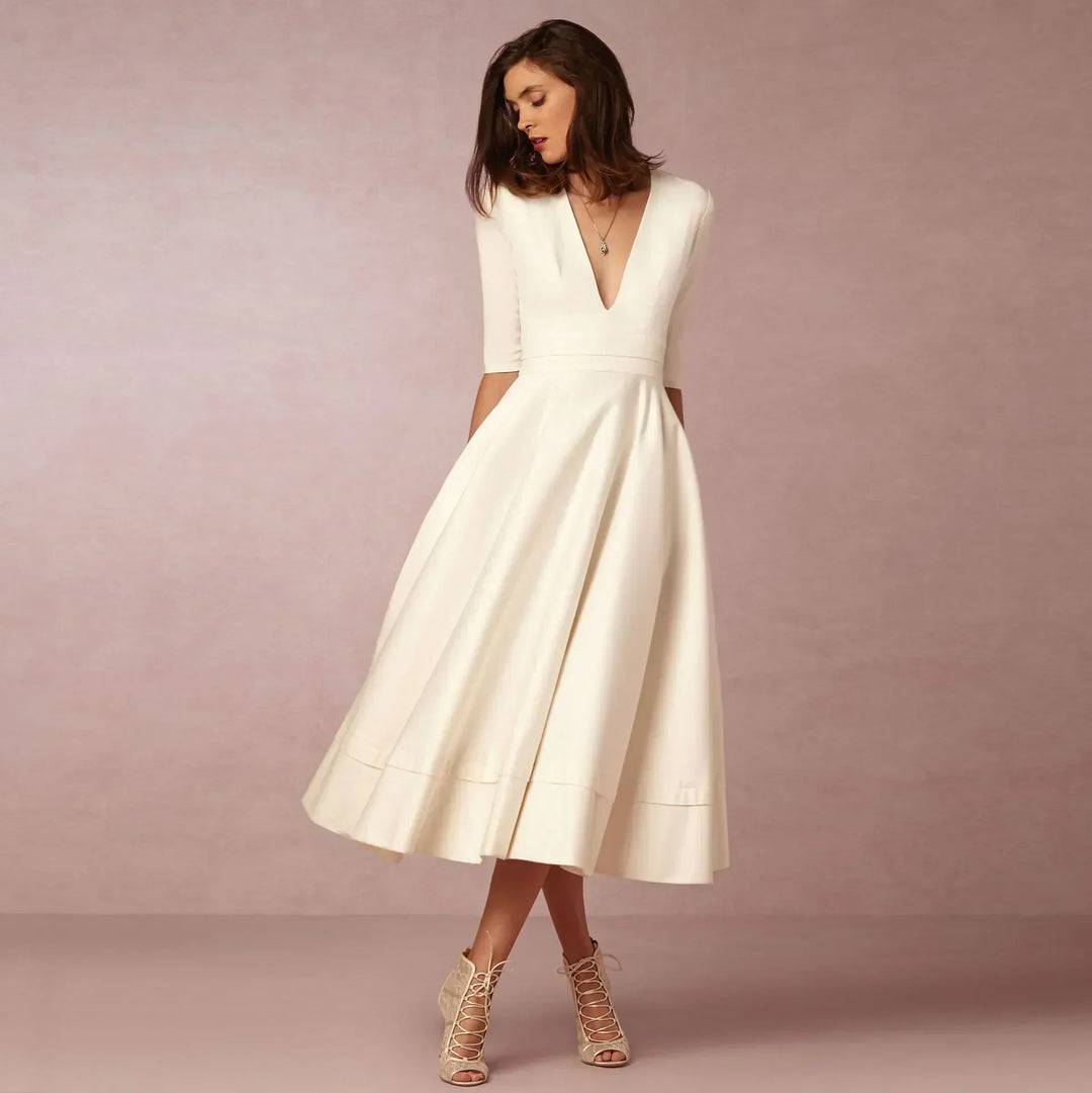 Damen Elegantes Fließendes Midi Kleid en Blanco