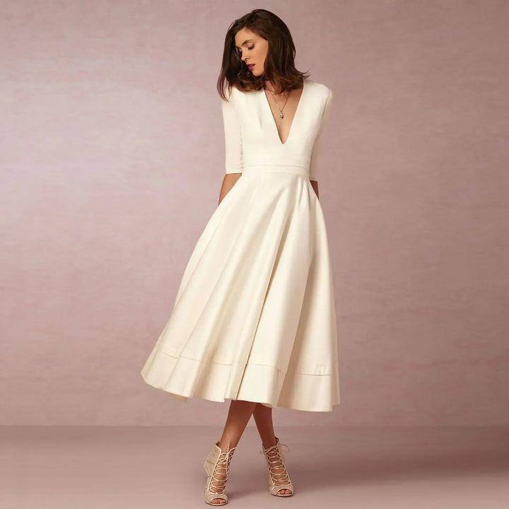 Damen Elegantes Fließendes Midi Kleid en Blanco