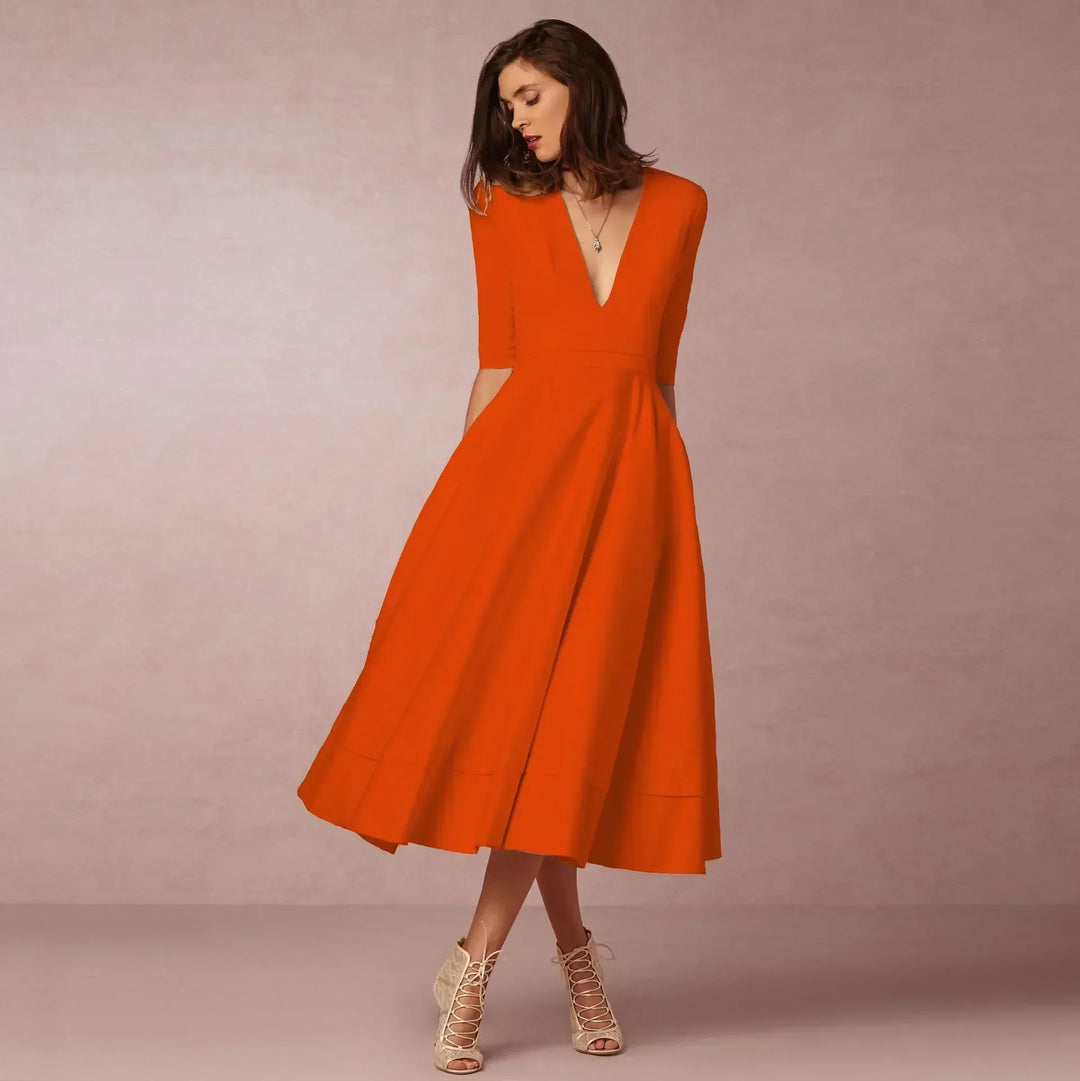 Damen Elegantes Fließendes Midi Kleid en Naranja