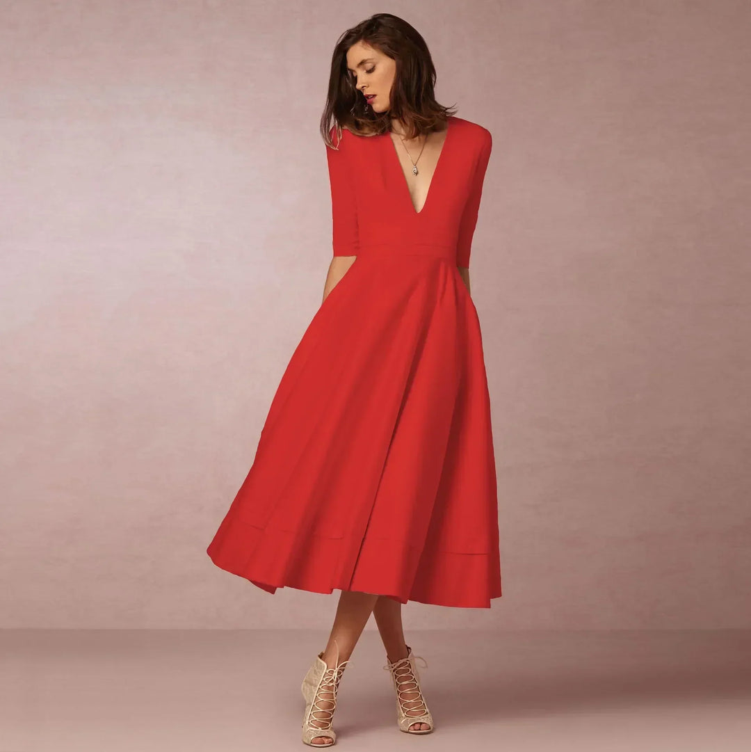 Damen Elegantes Fließendes Midi Kleid en Rojo