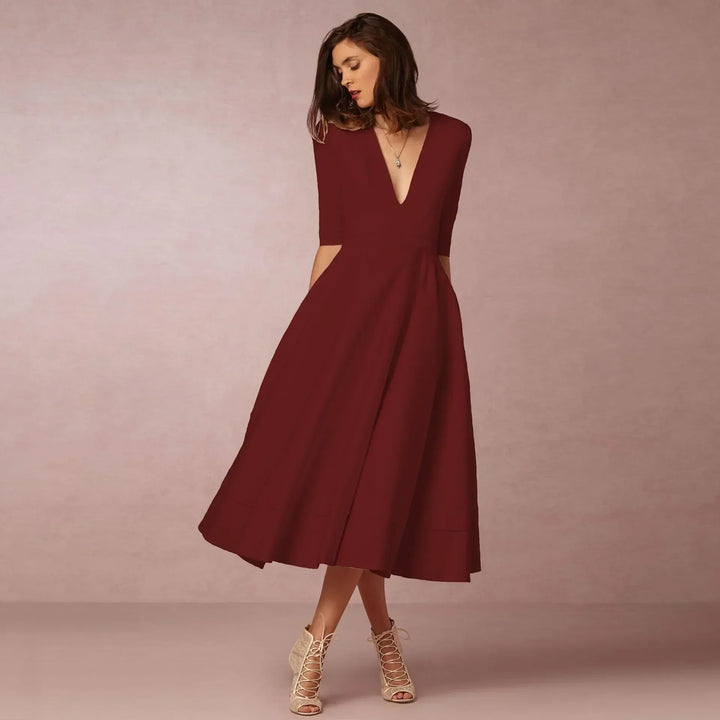Damen Elegantes Fließendes Midi Kleid en Rotwein