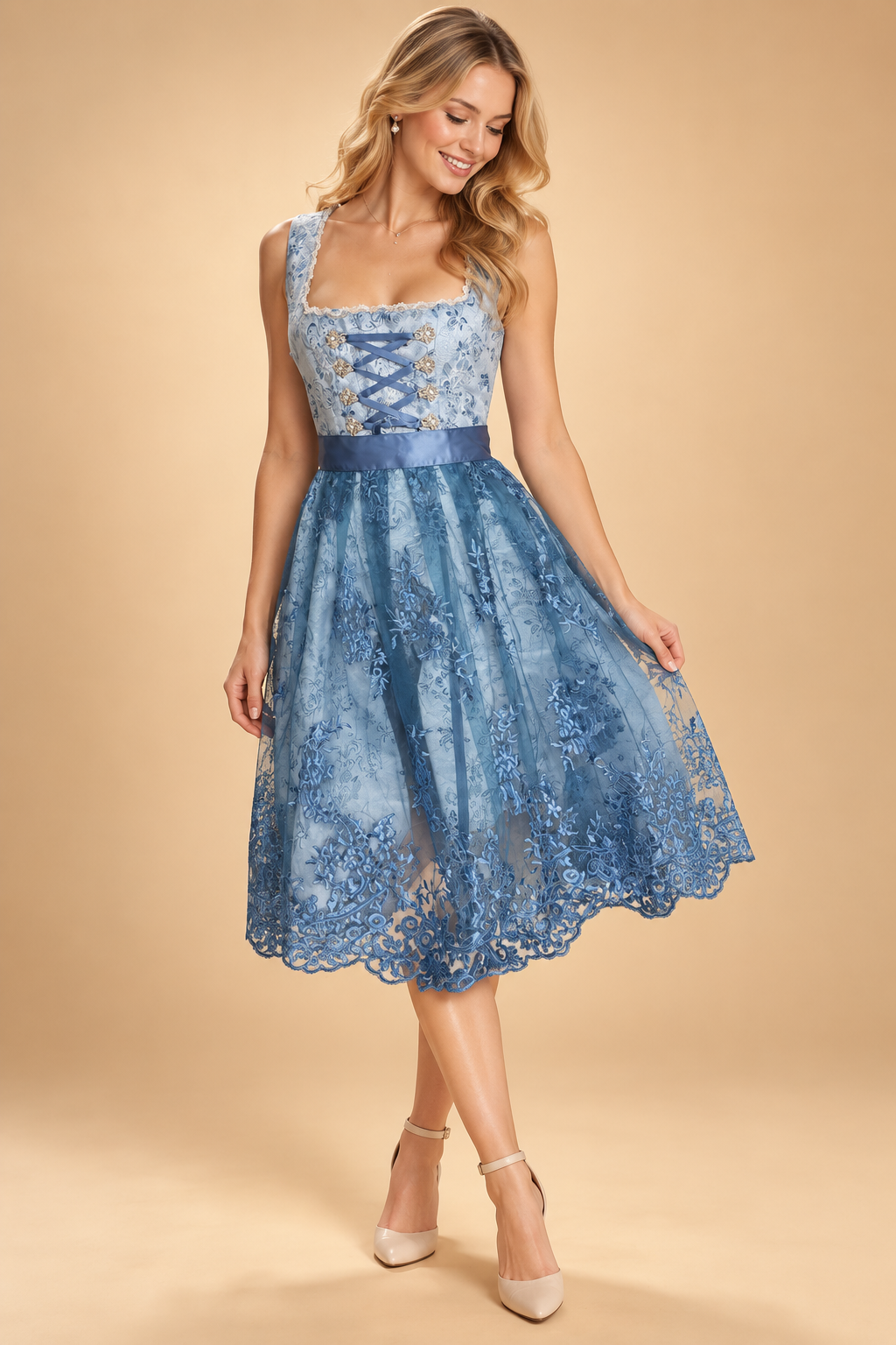 Damen Elegantes Trachten-Abendkleid für Oktoberfest in Blau