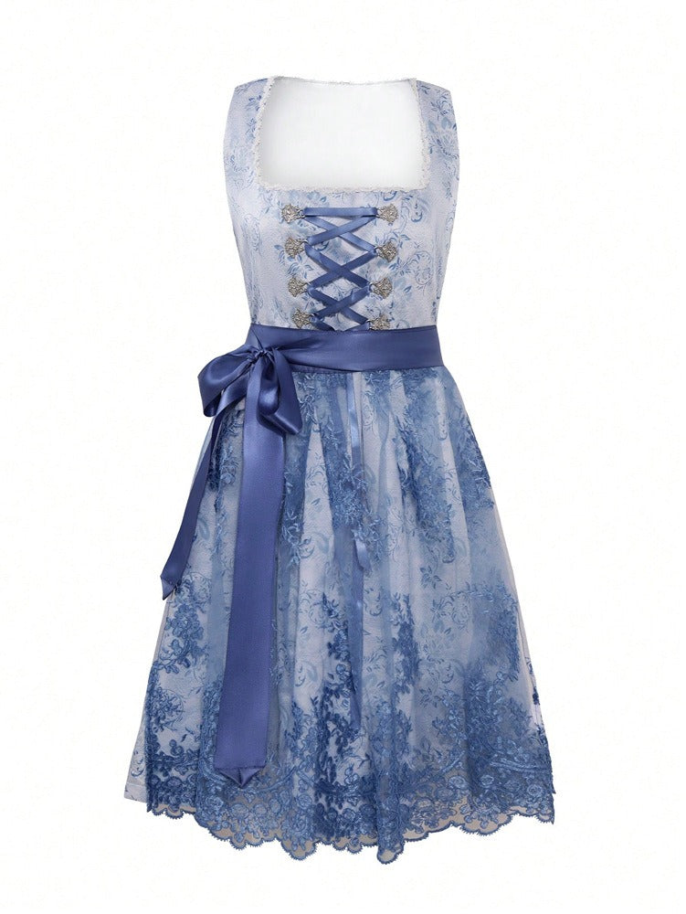 Damen Elegantes Trachten-Abendkleid für Oktoberfest in Weiß/Blau