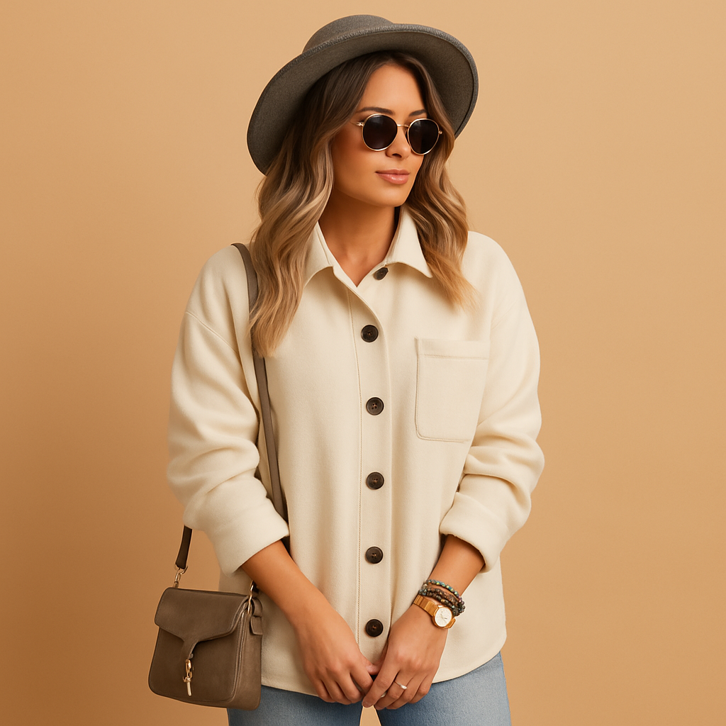 Damen Herbst Fleece Winterjacke mit Kapuze in Creme