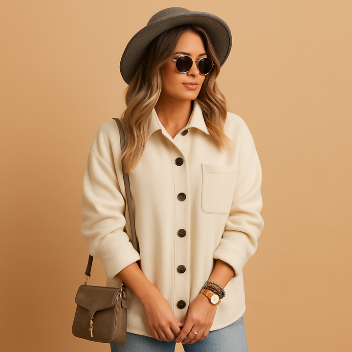 Damen Herbst Fleece Winterjacke mit Kapuze in Creme