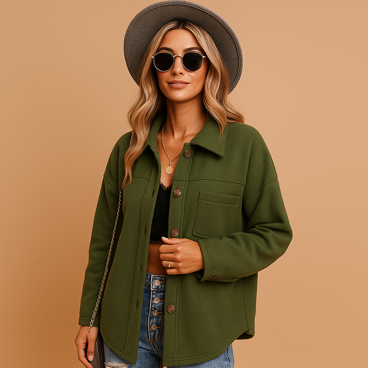 Damen Herbst Fleece Winterjacke mit Kapuze in Olivgrün