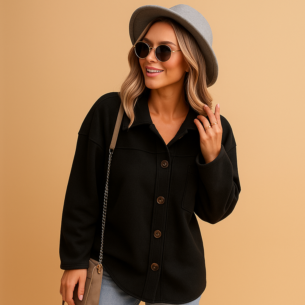 Damen Herbst Fleece Winterjacke mit Kapuze in Schwarz