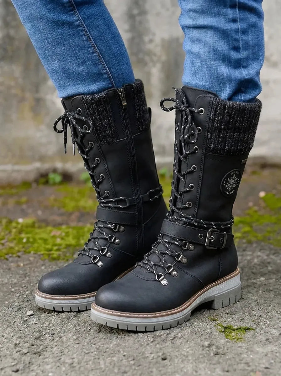 Damen Herbst-Schnürstiefel Wasserdicht in Wadenhöhe in Schwarz