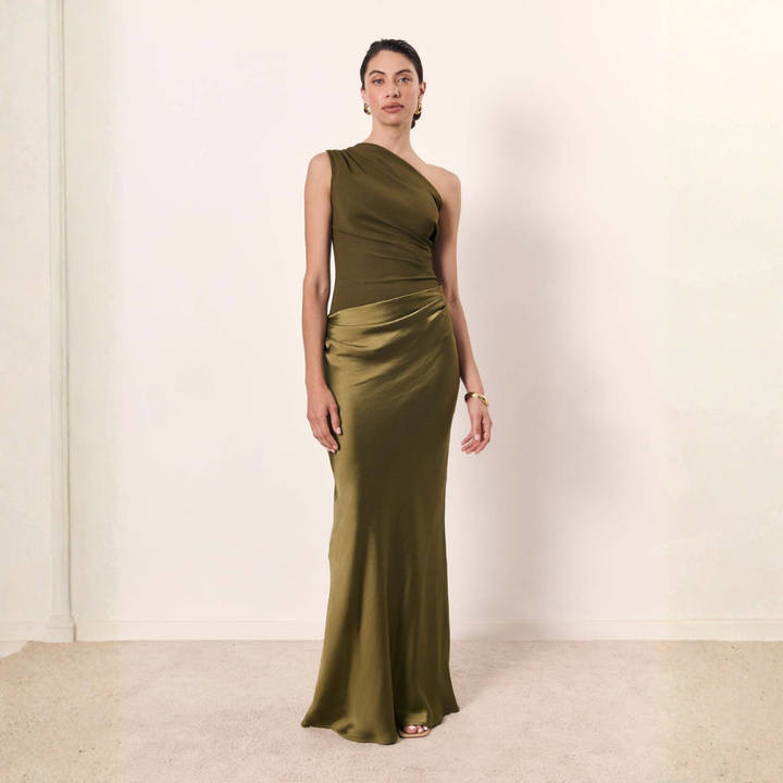Damen Hochzeitsgast Kleid Ein-Schulter Abendkleid en Matcha