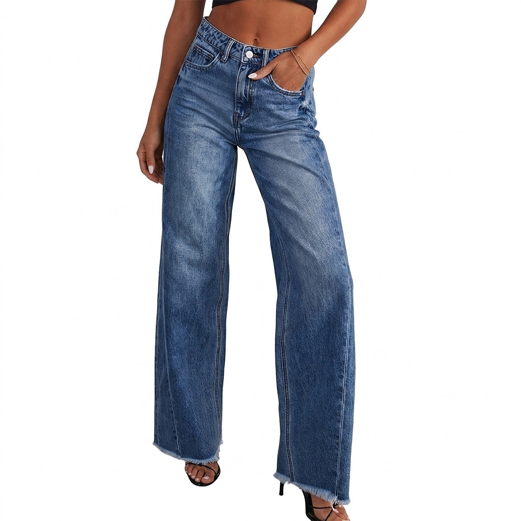 Damen Jeans mit ausgefranstem Saum und weitem Bein in Dunkelblau
