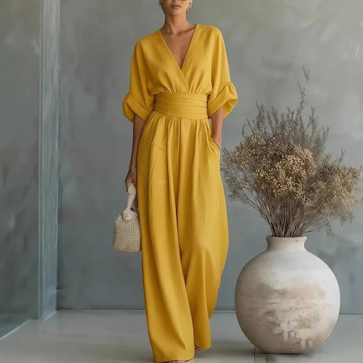 Damen Jumpsuit im Wrap-Stil mit weiten Beinen in Gelb