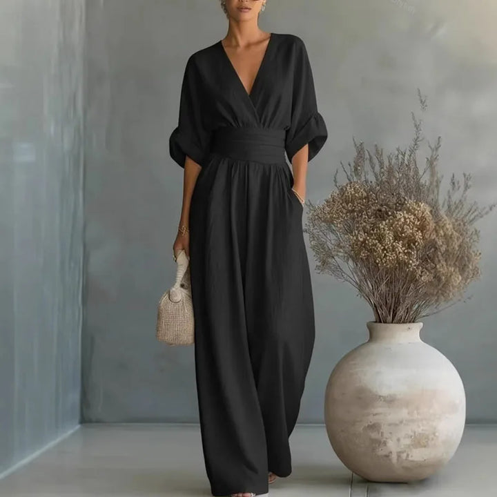 Damen Jumpsuit im Wrap-Stil mit weiten Beinen in Schwarz