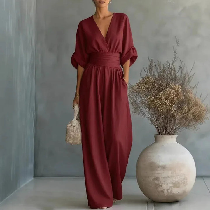 Damen Jumpsuit im Wrap-Stil mit weiten Beinen in Weinrot