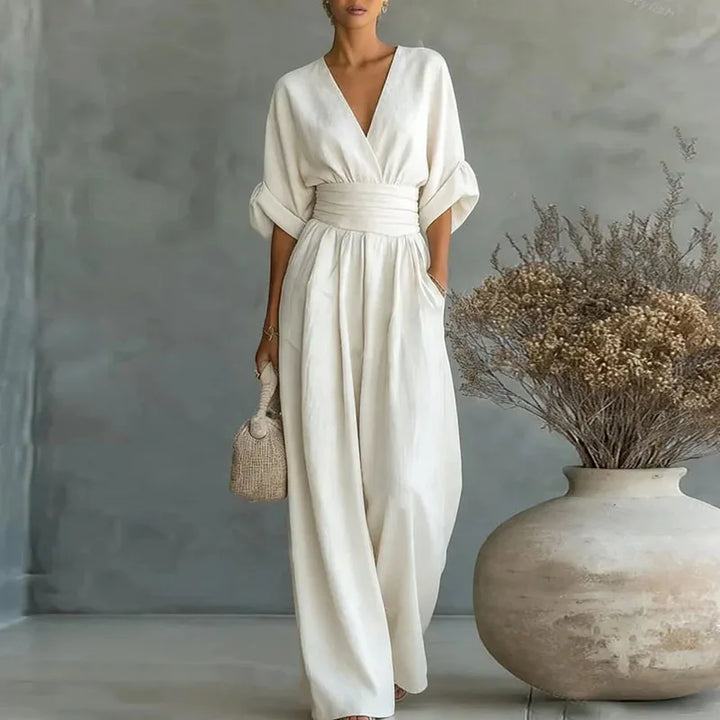 Damen Jumpsuit im Wrap-Stil mit weiten Beinen in Weiß