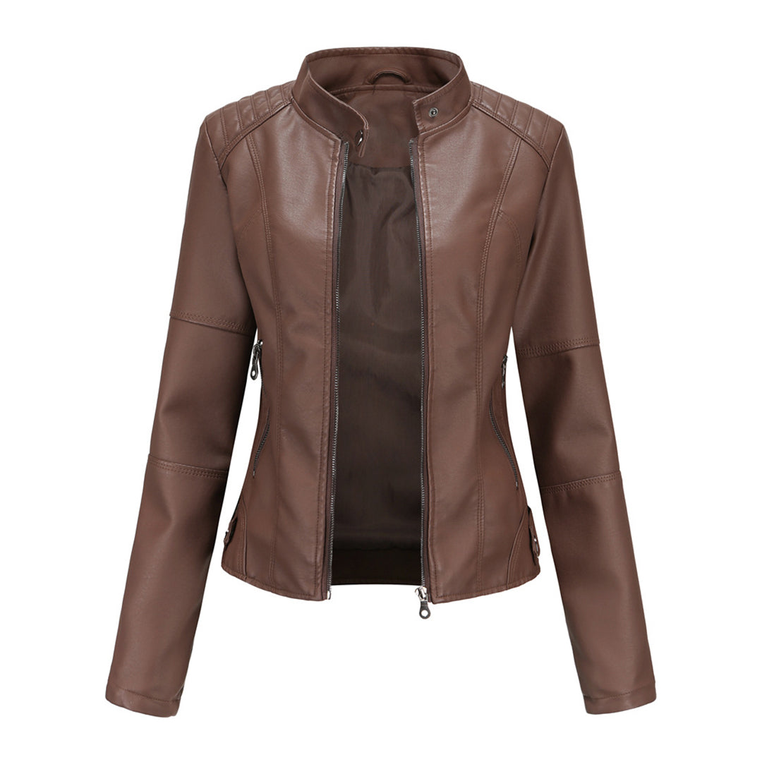 Damen Kunstleder-Bikerjacke mit Reißverschluss Jacket en Kaffee