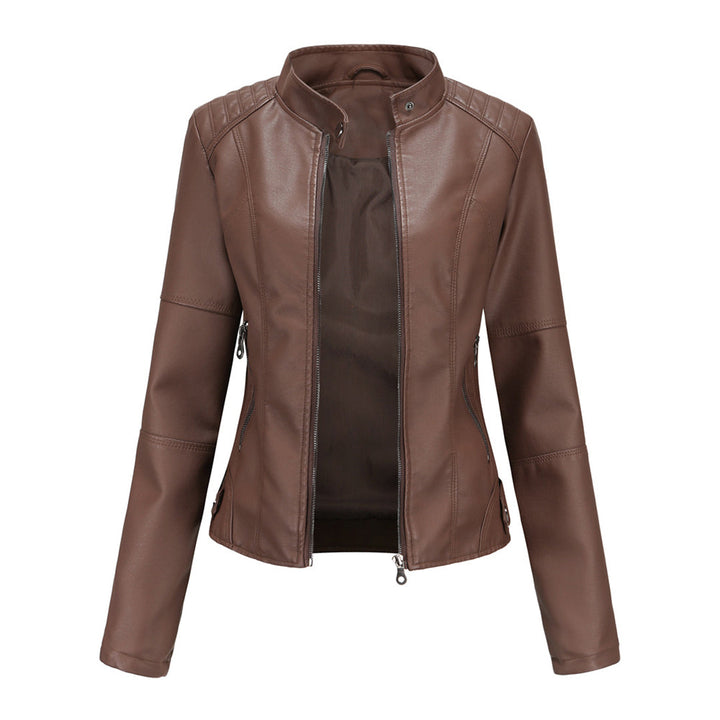 Damen Kunstleder-Bikerjacke mit Reißverschluss Jacket en Kaffee