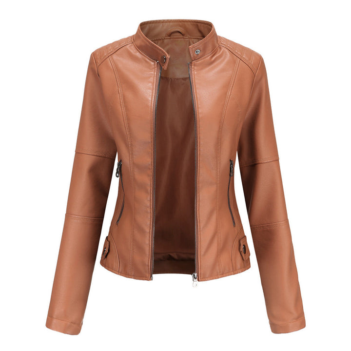 Damen Kunstleder-Bikerjacke mit Reißverschluss Jacket en Kamel