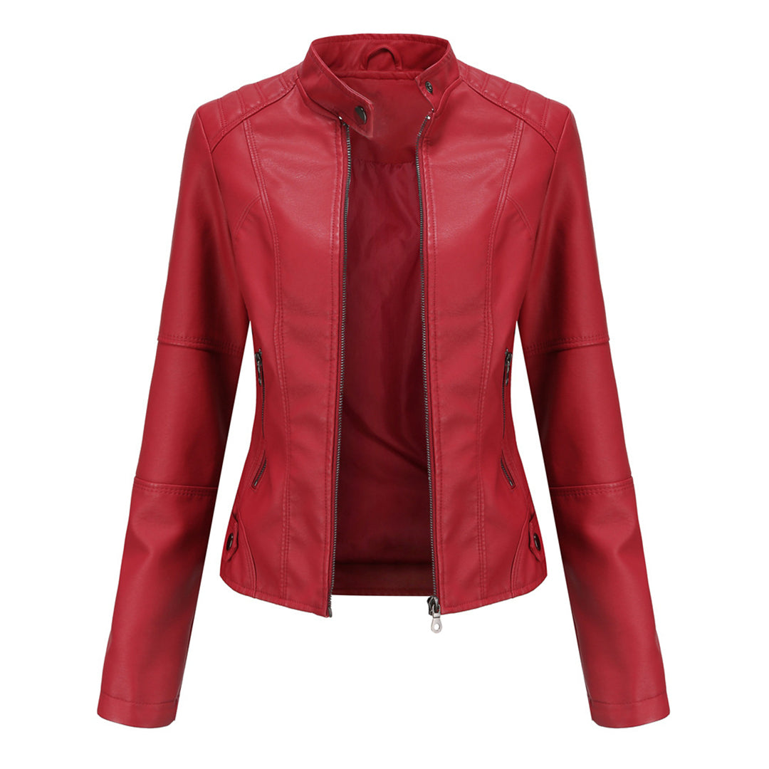 Damen Kunstleder-Bikerjacke mit Reißverschluss Jacket en Rojo