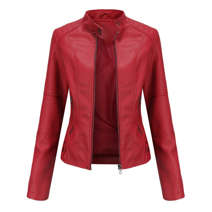 Damen Kunstleder-Bikerjacke mit Reißverschluss Jacket en Rojo