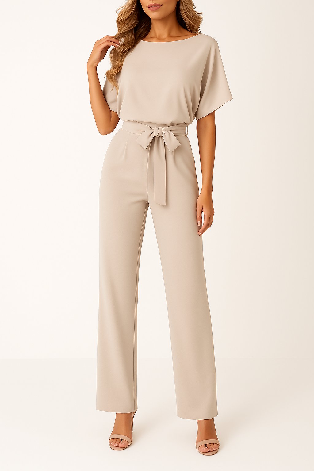 Damen Kurzarm Bindegürtel Weites-Bein Jumpsuit en Beige