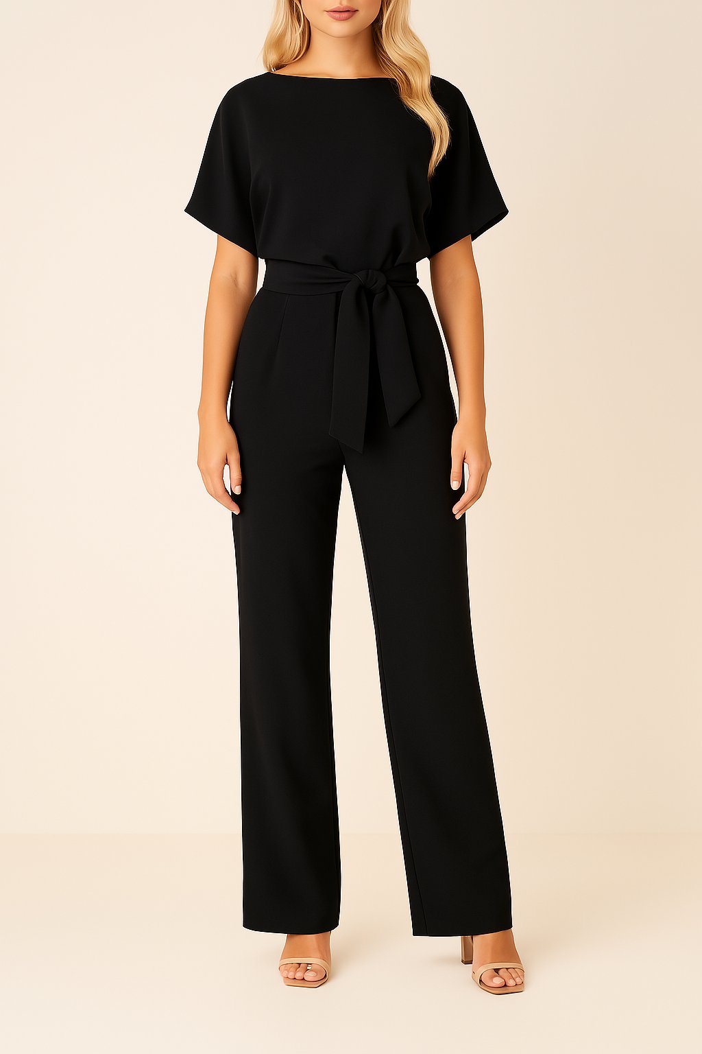 Damen Kurzarm Bindegürtel Weites-Bein Jumpsuit en Negro
